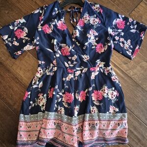 Navy Floral romper with Pink Accents